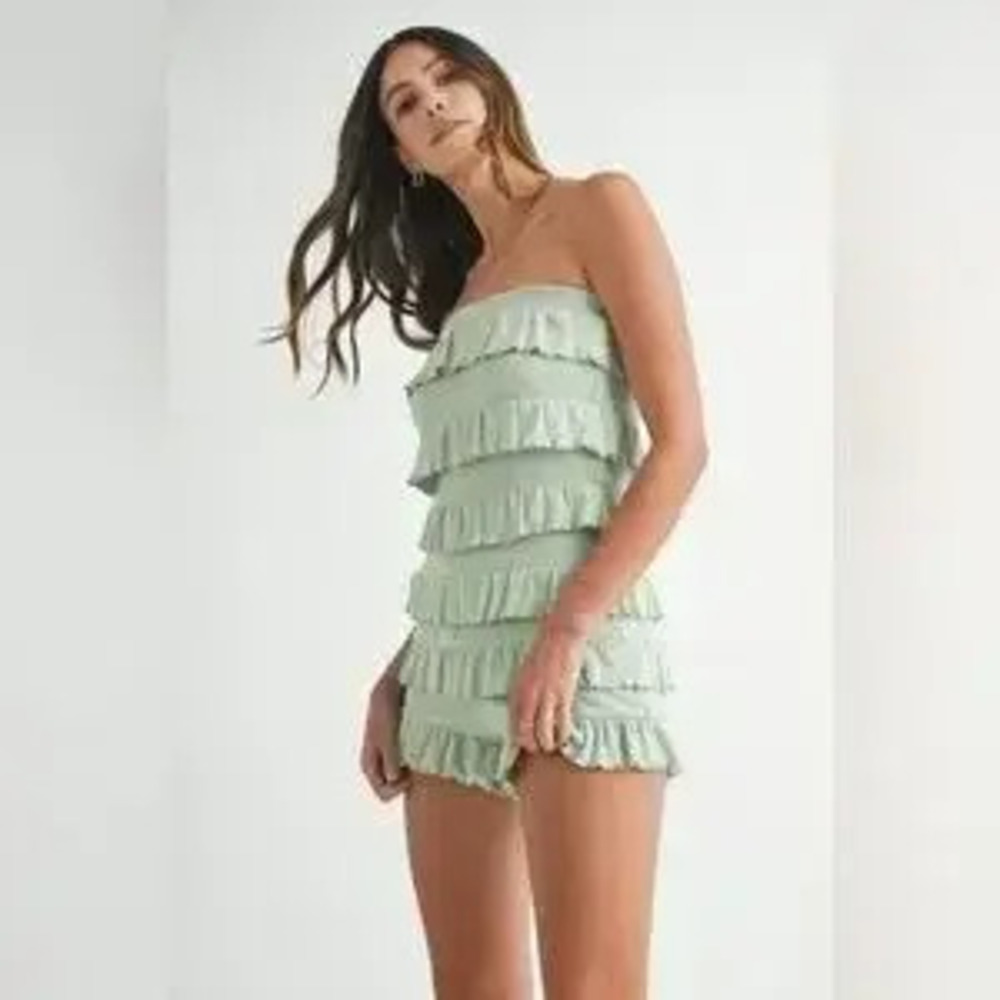 MABLE Pointelle Knit Fabric Ruffled Tube Romper - Picture 4 of 10